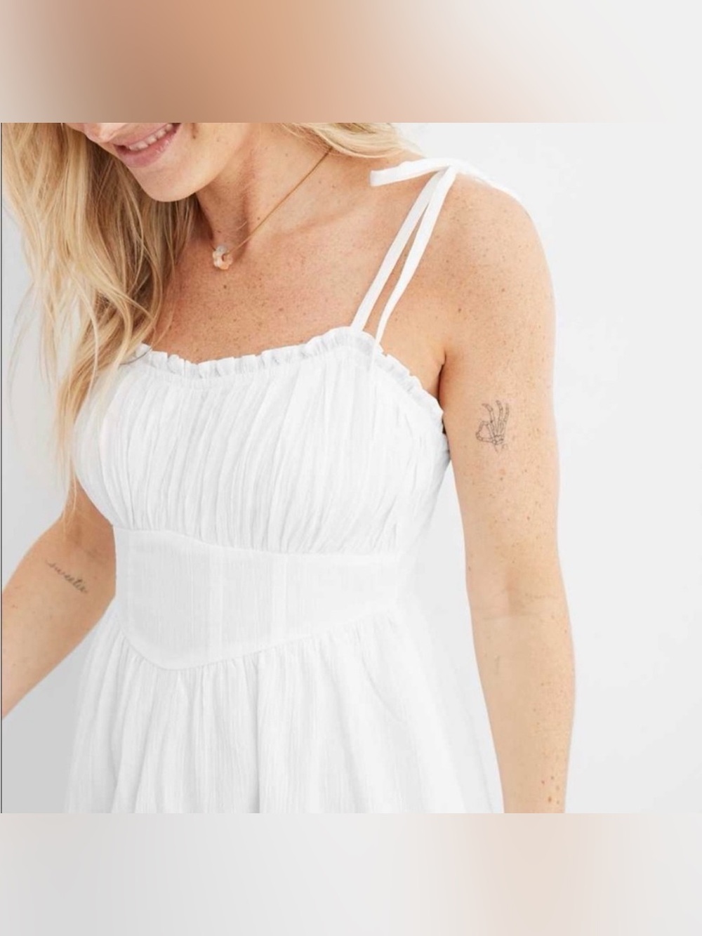 aerie White Tie-Strap Smocked Bust Sundress